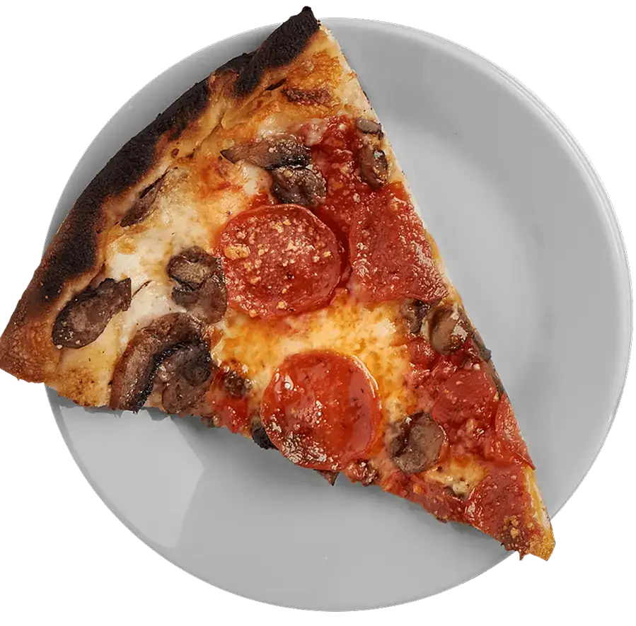 Coal fired slice of pepperoni and mushroom pizza on a white plate at Anthony’s, highlighting party platter catering menu options