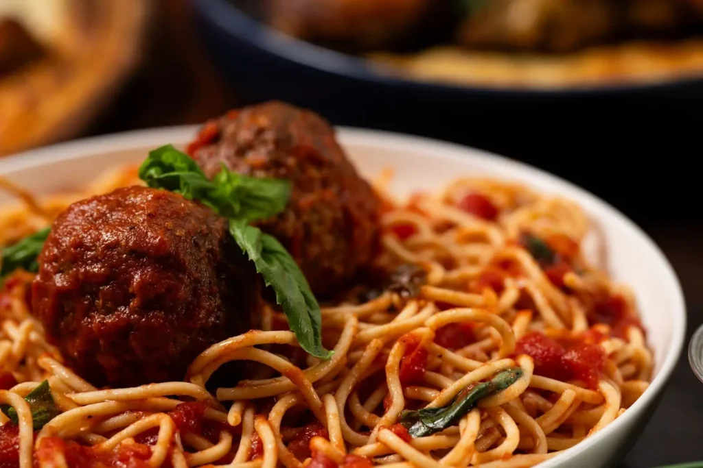 Spaghetti topped with homemade meatballs and rich tomato sauce, a classic Italian comfort dish served hot and hearty.